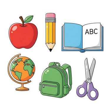 Okul malzemeleri seti ve beyaz arka planda elma.