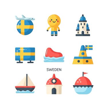 İsveç simgeleri düz set, vektör, seyahat