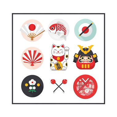 Japon sembolleri dizildi. Japon kültürü, Japon sembolleri. vektör illüstrasyonu.