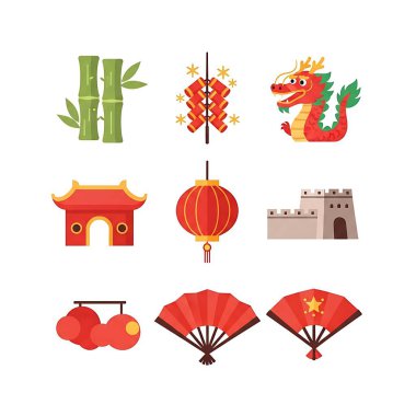 Çin Yeni Yıl simgeleri seti, düz resimleme
