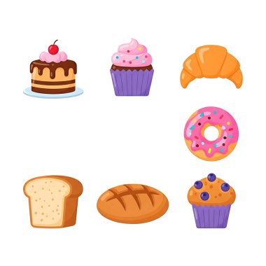 Beyaz arka planda lezzetli yiyecekler, vektör illüstrasyonu