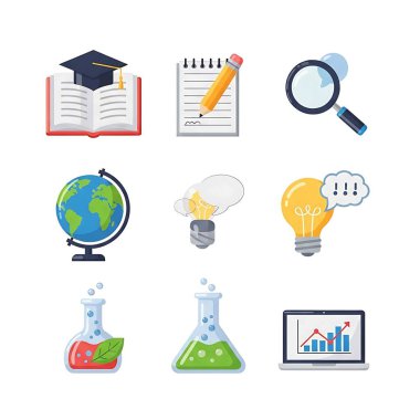 Bilim ve eğitimle ilgili simgeler, düz tasarım biçimi