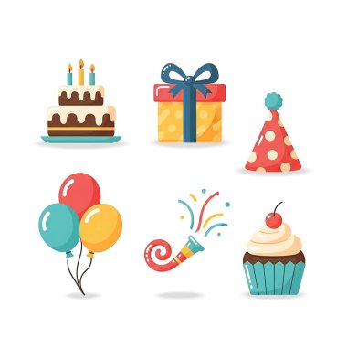 Doğum günü simgeleri kümesi. Vektör çizimi.