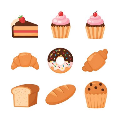 Tatlı pasta ikonları hazır. beyaz arkaplanda izole edilmiş web için 9 tatlı kek vektör simgesi dizisi