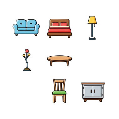 Mobilya ikonu seti. beyaz arkaplanda izole edilmiş web tasarımı için 9 mobilya vektör simgesinden oluşan çizgi film seti