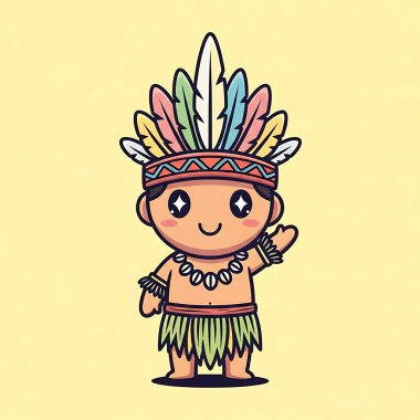 Tüyleri olan sevimli Hintli çocuk. Çocuklar için vektör karikatür çizimi, tişört, tebrik kartı ve diğer çocuklar için