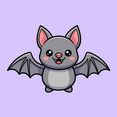 Uçan yarasalı şirin bir yarasa. Tişört çıkartması, çıkartma, kart, davetiye, çıkartma, çıkartma için hayvan maskotu konsepti.