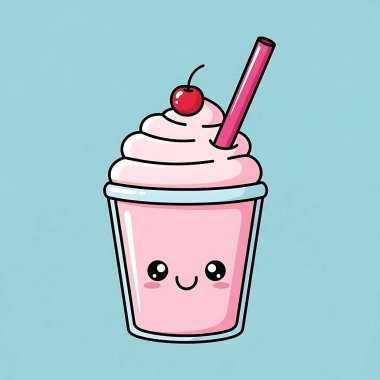 Çizgi film tarzında pembe gözlü vektör illüstrasyonlu bir fincanda tatlı çizgi film dondurması. kawaii karakteri.