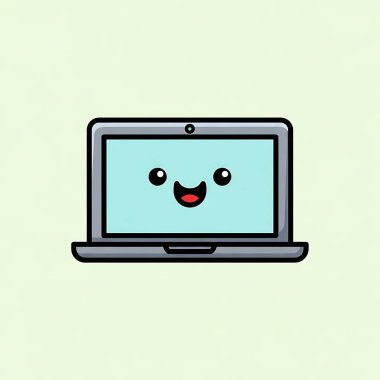 Gülümseme simgesi olan mutlu dizüstü bilgisayar, düz stil