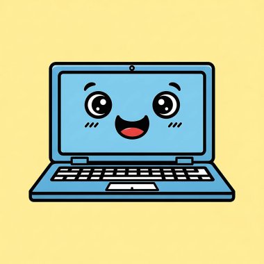 Kawaii dizüstü bilgisayarı mutlu bir gülümseme çizgi film çizimi