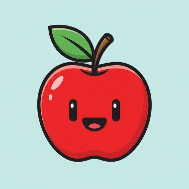 Kırmızı arkaplanda izole edilmiş elma meyvesi çizgi film karakterinin vektör çizimi.