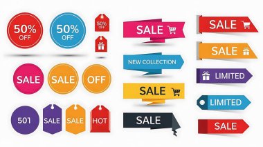 Satış etiketi, indirim etiketi, fiyat etiketi, indirim, teklif, fiyat teklifi, fiyat teklifi, indirim, indirim, indirim. Vektör çizimi. İndirim
