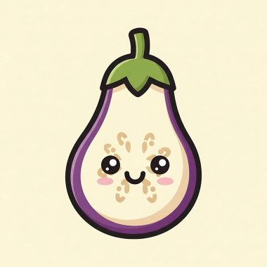 vektör çizgi film kawaii mutlu tatlı patlıcan. Patlıcanın vektör çizimi, gülümseyen ve gülümseyen