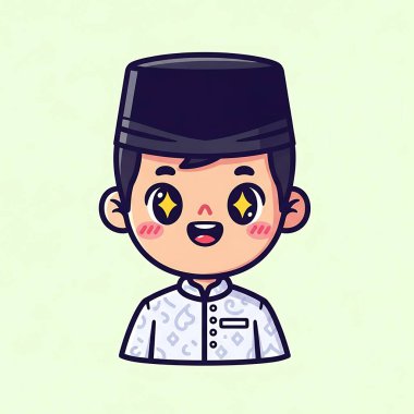 Mutlu Müslüman adam tesettürlü çizgi film karakteri çizimi beyaz üzerine izole edilmiş.