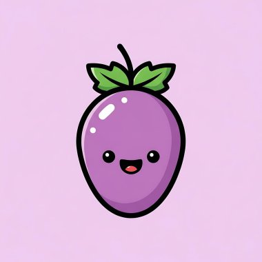 Mutlu bir jestle şirin bir patlıcan karikatürü, mor arka planda izole edilmiş düz vektör çizimi..