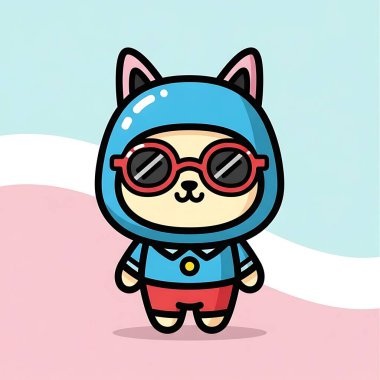 Güneş gözlüğü takan sevimli bir kedi. Havalı hayvan çizgi film konsepti. Tişört, tebrik kartı, davetiye kartı veya maskot için kullanılabilir.