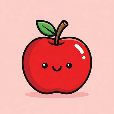 Beyaz arka planda izole edilmiş, karakterli, şirin yüzlü ve basit vücut çizgisi olan elmanın vektör çizimi. düz çizgi film karalama stili.