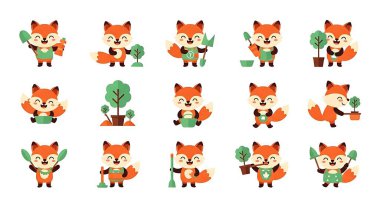 Farklı pozlarda şirin tilki çizgi film setleri