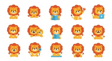 Aslan çizgi film karakteri seti. Sevimli aslan vektörü. Aslan, aslan. Düz dizayn, çizgi film tarzı. izole resim