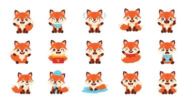 Kırmızı gözleri ve farklı yüz ifadeleri olan sevimli çizgi film tilkisi..