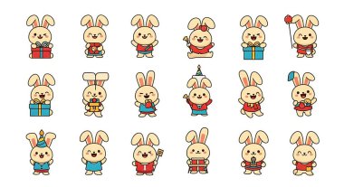 Farklı duyguları olan bir grup şirin tavşan.