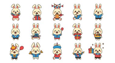 Farklı pozlarda şirin küçük tavşanlar.