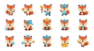 Çizgi film karakteri Fox 'un farklı pozlardaki vektör çizimleri. Beyaz arka planda izole edilmiş. düz dizayn. Tilki, tilki, tilki koleksiyonu,