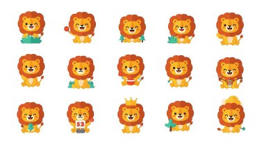 Farklı ifadelere sahip aslan çizgi film karakterleri. Beyaz arkaplanda izole edilmiş vektör illüstrasyonu.
