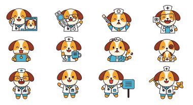 vektör çizgi film sevimli hayvan doktor karakter seti tıbbi kostüm