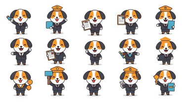 Bir dizi sevimli köpek karakteri. Farklı pozlar veren, farklı pozlar veren bir köpek. vektör illüstrasyonu.