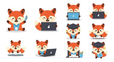 Farklı ifadelere sahip şirin bir tilki. dizüstü bilgisayarı olan çizgi film karakteri, vektör çizimi