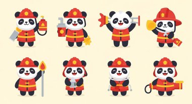 Bir demet pandayla farklı pozlar veren çizgi film pandası..