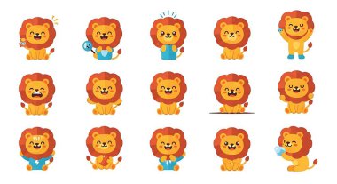 Sevimli aslan çizgi film karakteri seti. Farklı pozlar koleksiyonu. vektör illüstrasyonu.