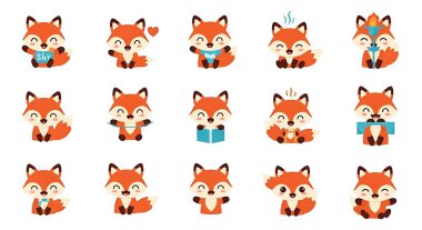 Şirin küçük tilki çizgi film vektör kümesi.