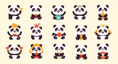 Yüzünde değişik ifadeler olan bir dizi şirin panda. vektör illüstrasyonu
