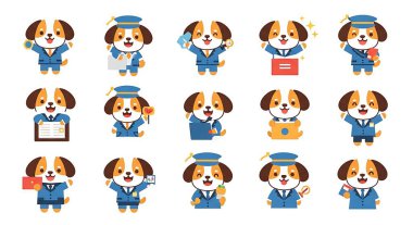 Şirin yavru köpek çizgi film karakteri. Çeşitli pozlarda köpek vektör illüstrasyonu.
