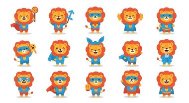 Bir dizi aslan çizgi film karakteri çizimi. vektör illüstrasyonu
