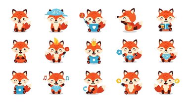 şirin çizgi film tilki seti, vektör illüstrasyonu