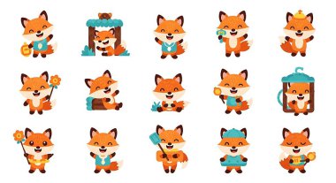 Çizgi film tilkisi ve düz stil şirin tilki seti