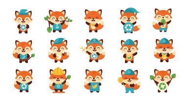 Şirin tilki, çizgi film karakteri. Düz dizaynlı tilki kümesi.
