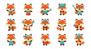 Çizgi film stili şirin tilki seti, farklı duyguların sevimli karakteri, şirin, vektör illüstrasyonu