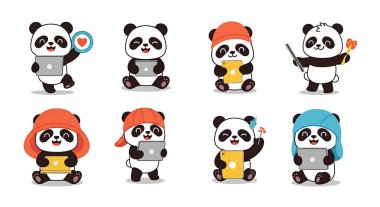 Farklı duyguları olan sevimli çizgi film pandası. Düz bir panda seti. vektör illüstrasyonu.