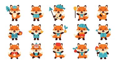 Farklı ifadeleri olan sevimli tilki çizgi filmi.