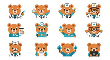 Steteskopu, ayısı, doktoru, hemşiresi, hemşiresi, ayısı, doktoru, hemşiresi, ayısı, doktor vektörü olan bir dizi sevimli karikatür doktoru.