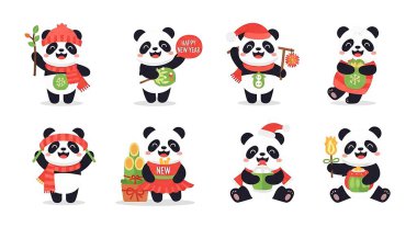 Farklı duyguları olan bir dizi şirin panda. Çin yeni yılı. Çin yeni yılı. Çin Yeni Yılı.