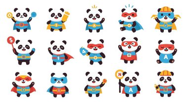 Şirin panda çizgi film seti, vektör illüstrasyonu