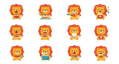 Aslan karakteri çizgi film seti. Çeşitli pozları olan sevimli bir aslan. vektör illüstrasyonu