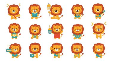 Çizgi film aslan karakteri. Sevimli aslan, aslan, aslan, aslan, aslan, aslan, aslan. vektör illüstrasyonu