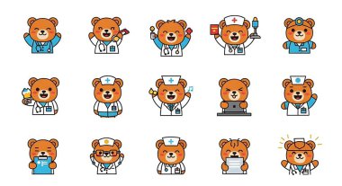 Doktorla çizgi film sevimli oyuncak ayı. vektör illüstrasyon kümesi