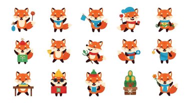 Tatlı tilki çizgi filmi, kızıl tilkiyle Noel tilkisi, Noel tilkisi, ren geyiği, Noel tilkisi ve tilkisi. vektör illüstrasyonu